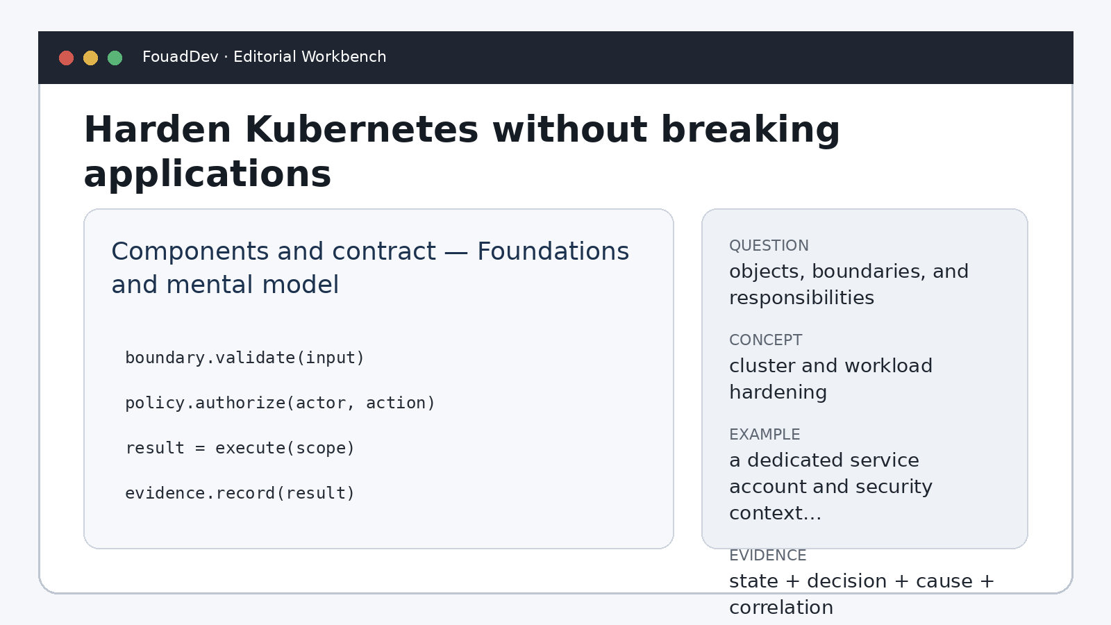 Components and contract — Foundations and mental model — Harden Kubernetes without breaking applications
