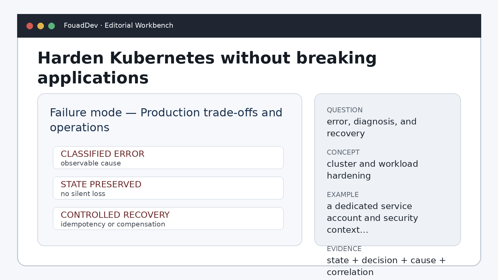 Failure mode — Production trade-offs and operations — Harden Kubernetes without breaking applications