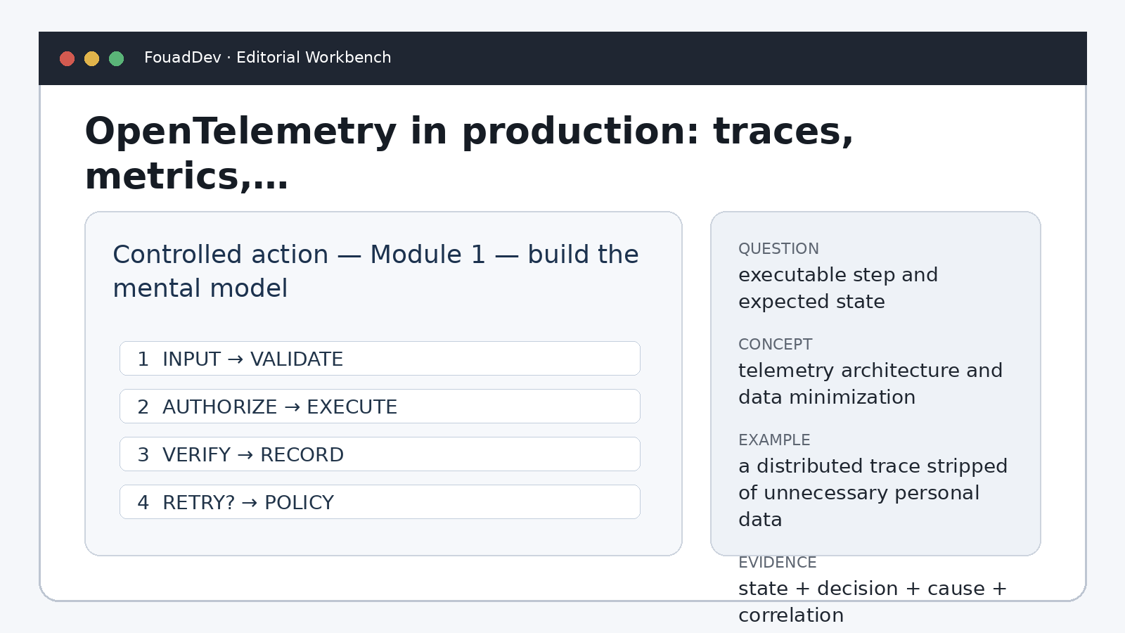 إجراء مضبوط — الوحدة 1 — بناء النموذج الذهني — OpenTelemetry في الإنتاج: التتبعات والمقاييس والسجلات والبيانات الحساسة