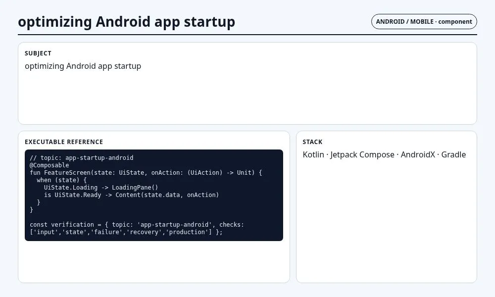 لقطة سياقية حول تحسين بدء تشغيل تطبيق Android تعرض concrete component and contract والعقد والفحوص والحالة المرتبطة.