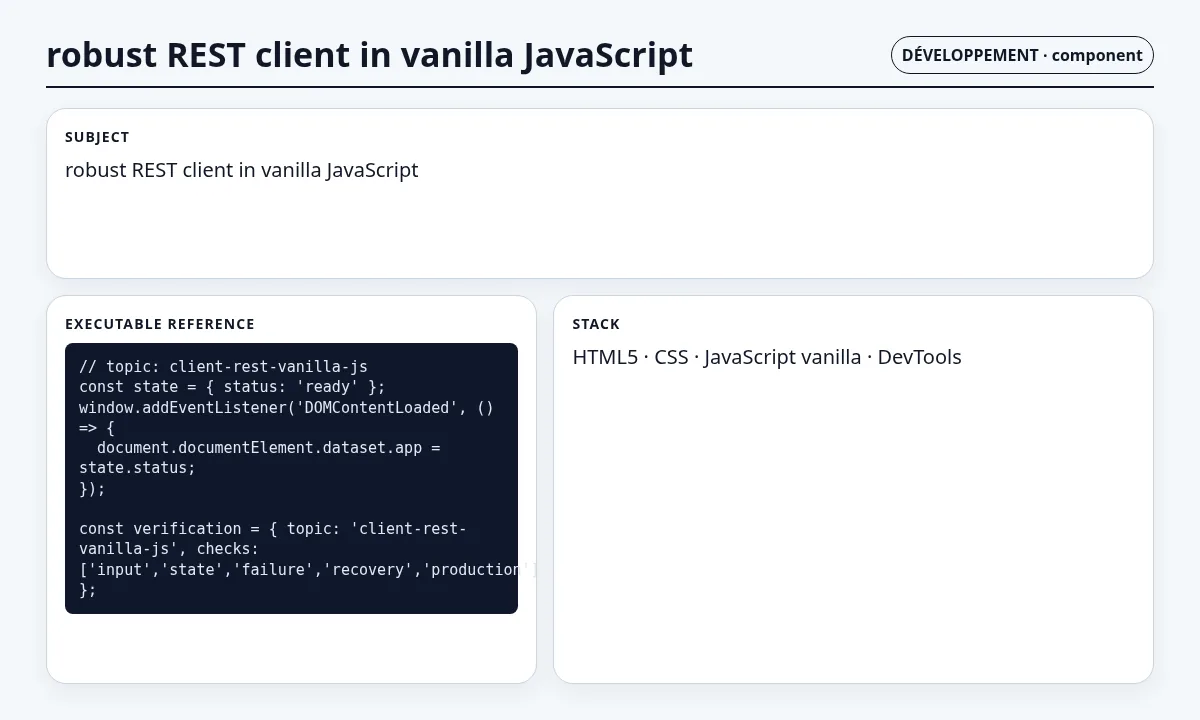 لقطة سياقية حول عميل REST متين بـ JavaScript الخالص تعرض concrete component and contract والعقد والفحوص والحالة المرتبطة.