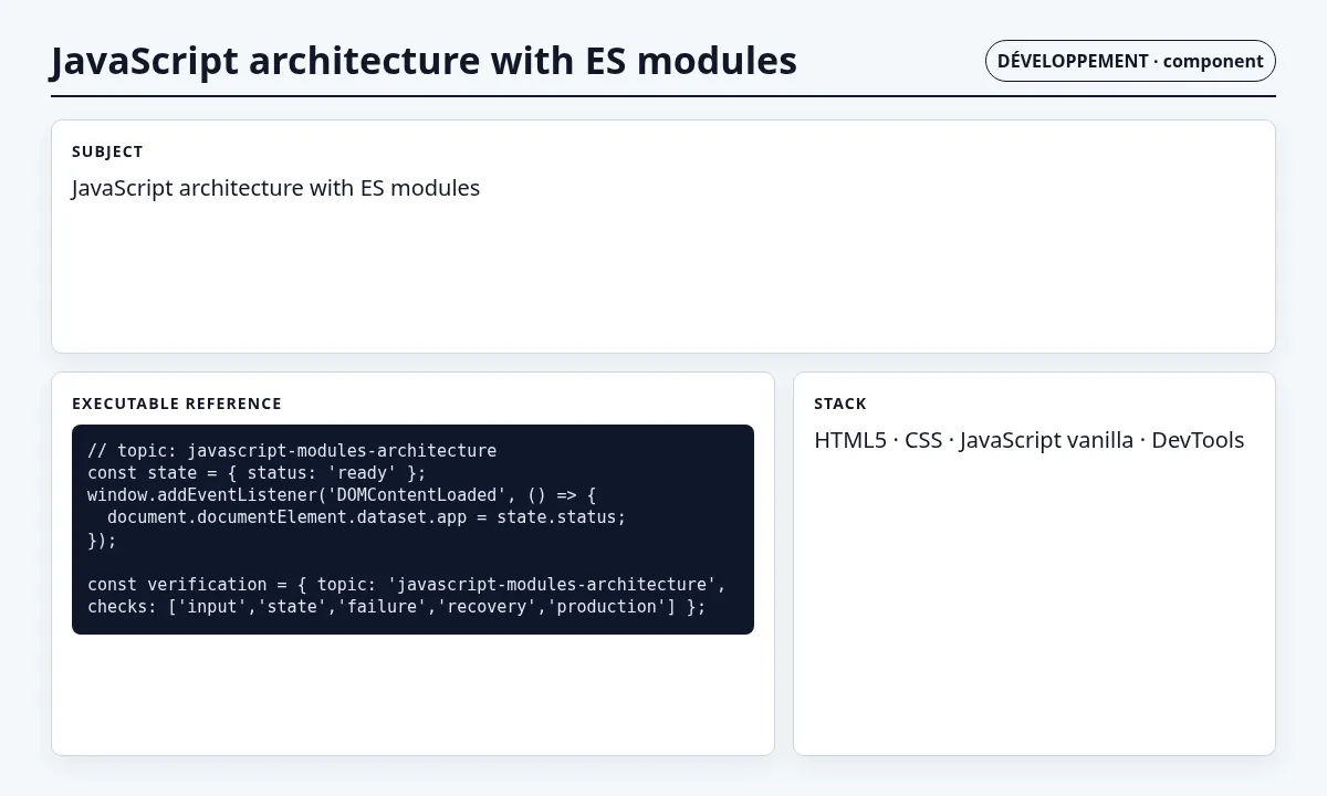 لقطة سياقية حول هندسة JavaScript بوحدات ES تعرض concrete component and contract والعقد والفحوص والحالة المرتبطة.
