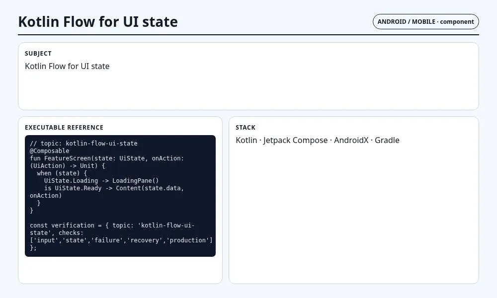 لقطة سياقية حول Kotlin Flow لحالة واجهة المستخدم تعرض concrete component and contract والعقد والفحوص والحالة المرتبطة.