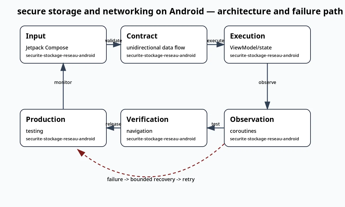 لقطة سياقية حول تخزين وشبكات آمنة على Android تعرض architecture and failure path والعقد والفحوص والحالة المرتبطة.