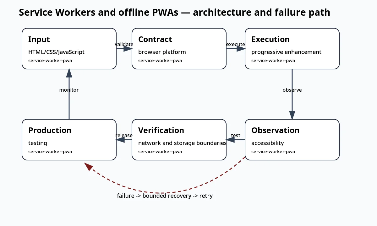لقطة سياقية حول Service Worker وتطبيقات PWA دون اتصال تعرض architecture and failure path والعقد والفحوص والحالة المرتبطة.