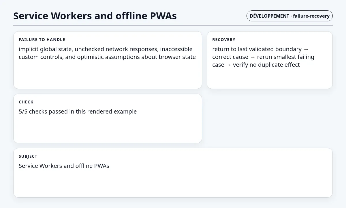لقطة سياقية حول Service Worker وتطبيقات PWA دون اتصال تعرض failure mode and recovery state والعقد والفحوص والحالة المرتبطة.