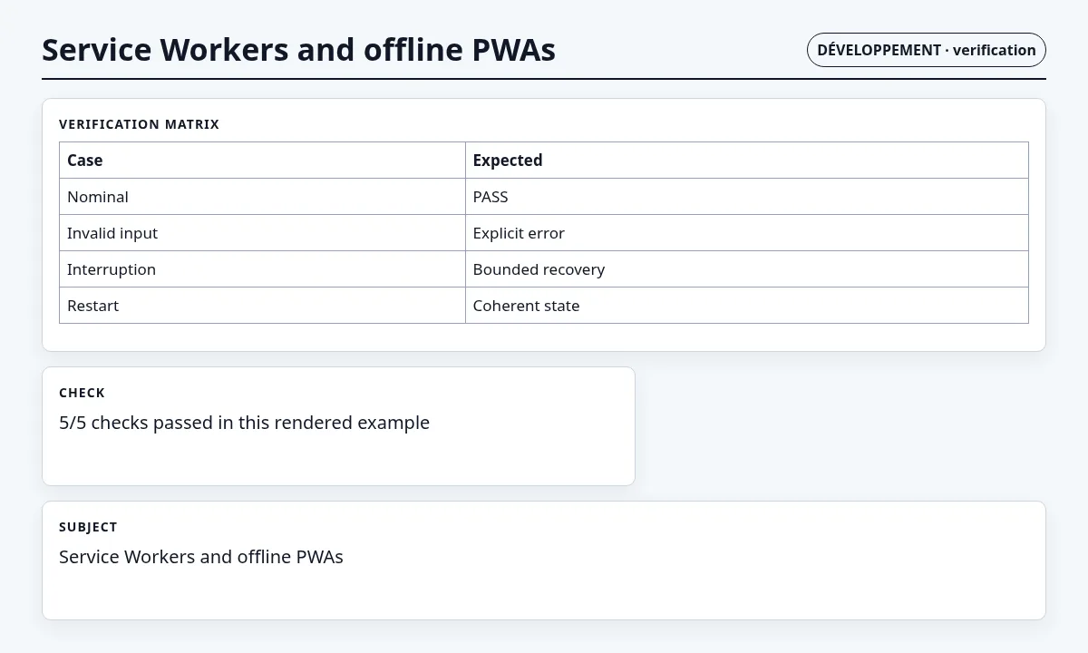 لقطة سياقية حول Service Worker وتطبيقات PWA دون اتصال تعرض verification matrix and observable checks والعقد والفحوص والحالة المرتبطة.