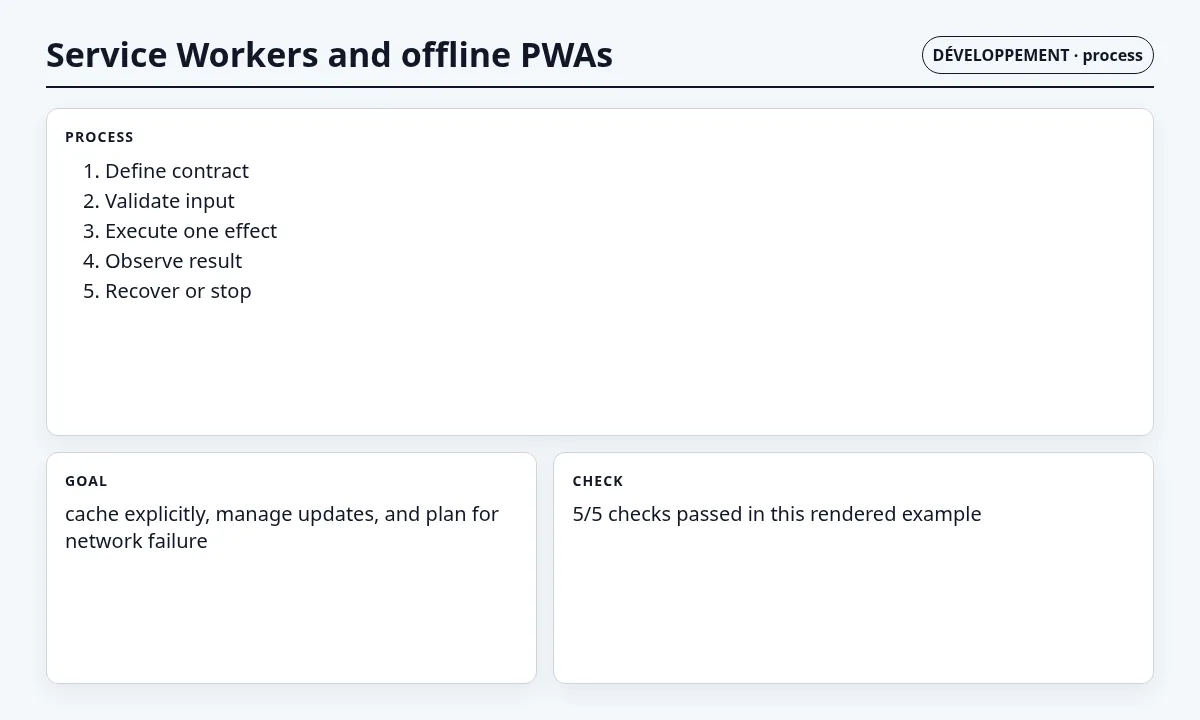 لقطة سياقية حول Service Worker وتطبيقات PWA دون اتصال تعرض implementation sequence والعقد والفحوص والحالة المرتبطة.
