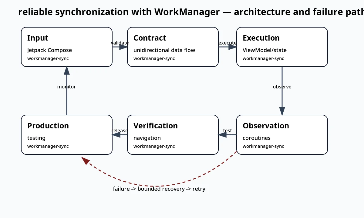 لقطة سياقية حول مزامنة موثوقة باستخدام WorkManager تعرض architecture and failure path والعقد والفحوص والحالة المرتبطة.