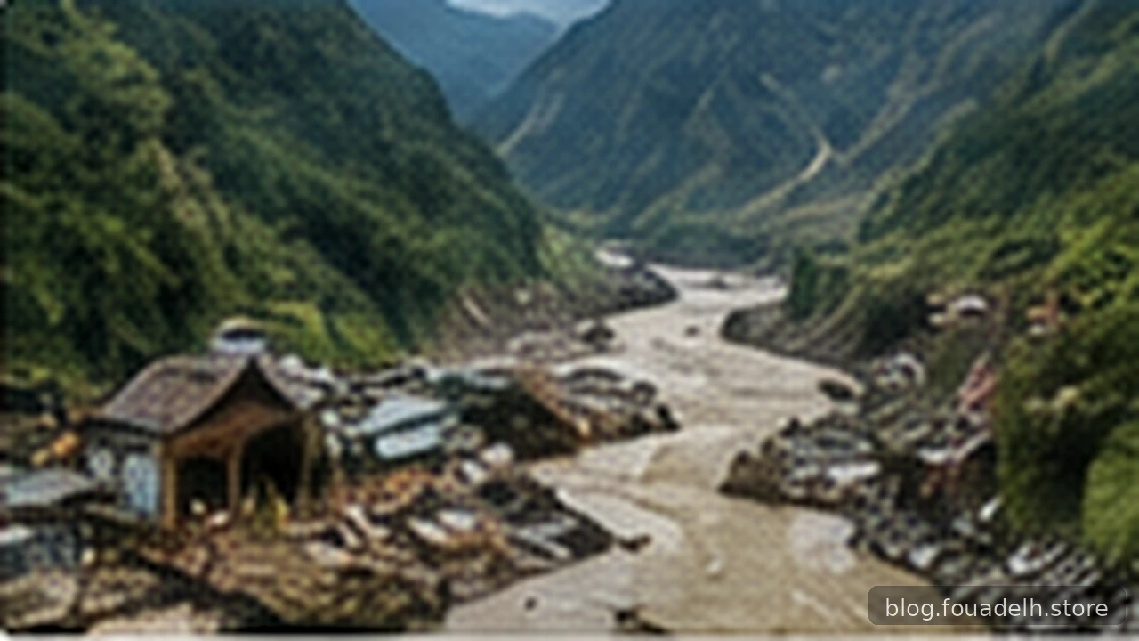 Original AI-generated editorial illustration of a mountain debris corridor and damaged valley access; illustrative, not documentary evidence.