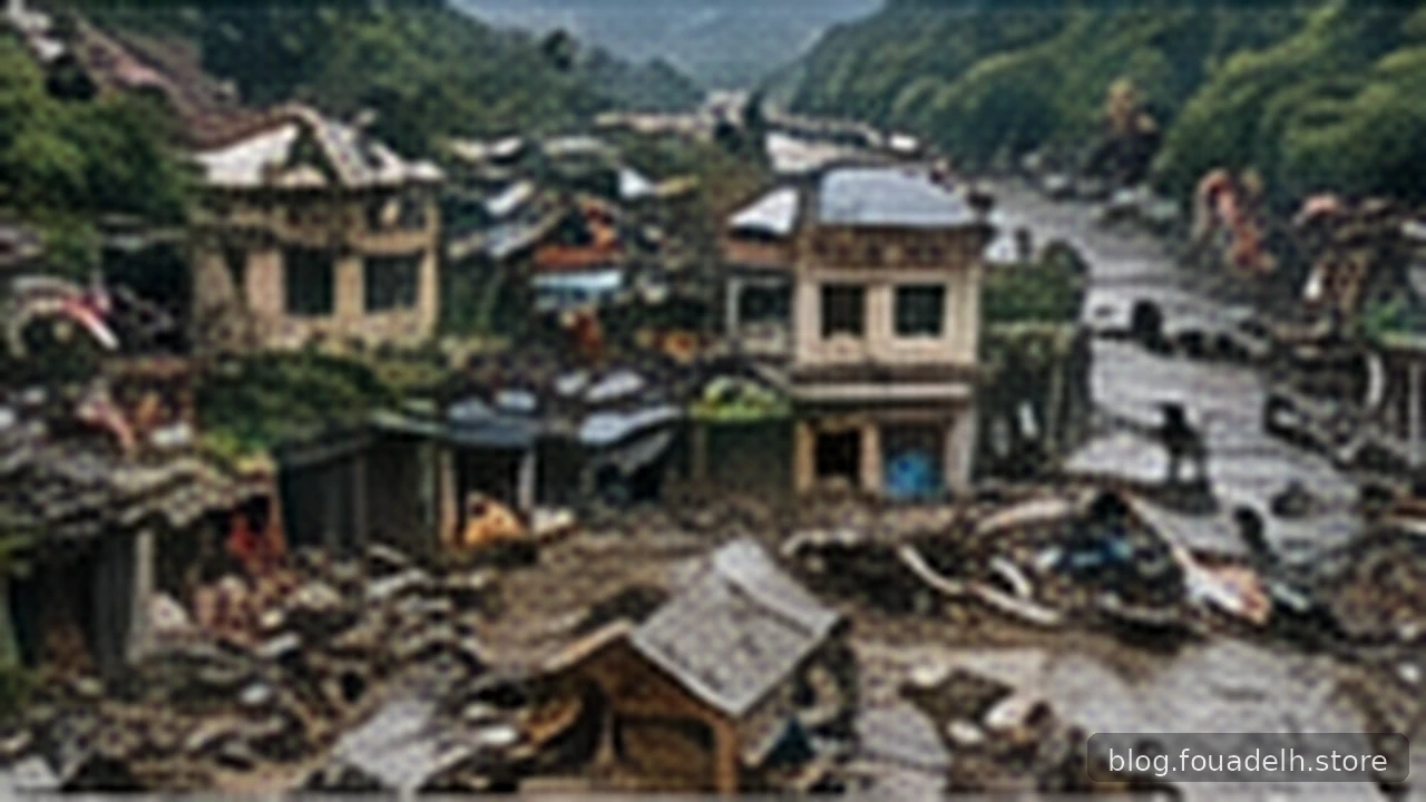 Original AI-generated editorial illustration of a settlement affected by mud and flood debris; illustrative, not documentary evidence.