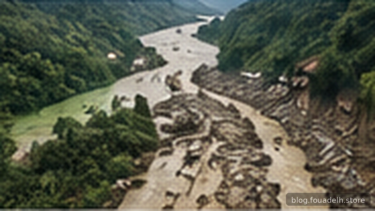 Original AI-generated editorial illustration of a steep river valley with floodwater and debris; illustrative, not documentary evidence.