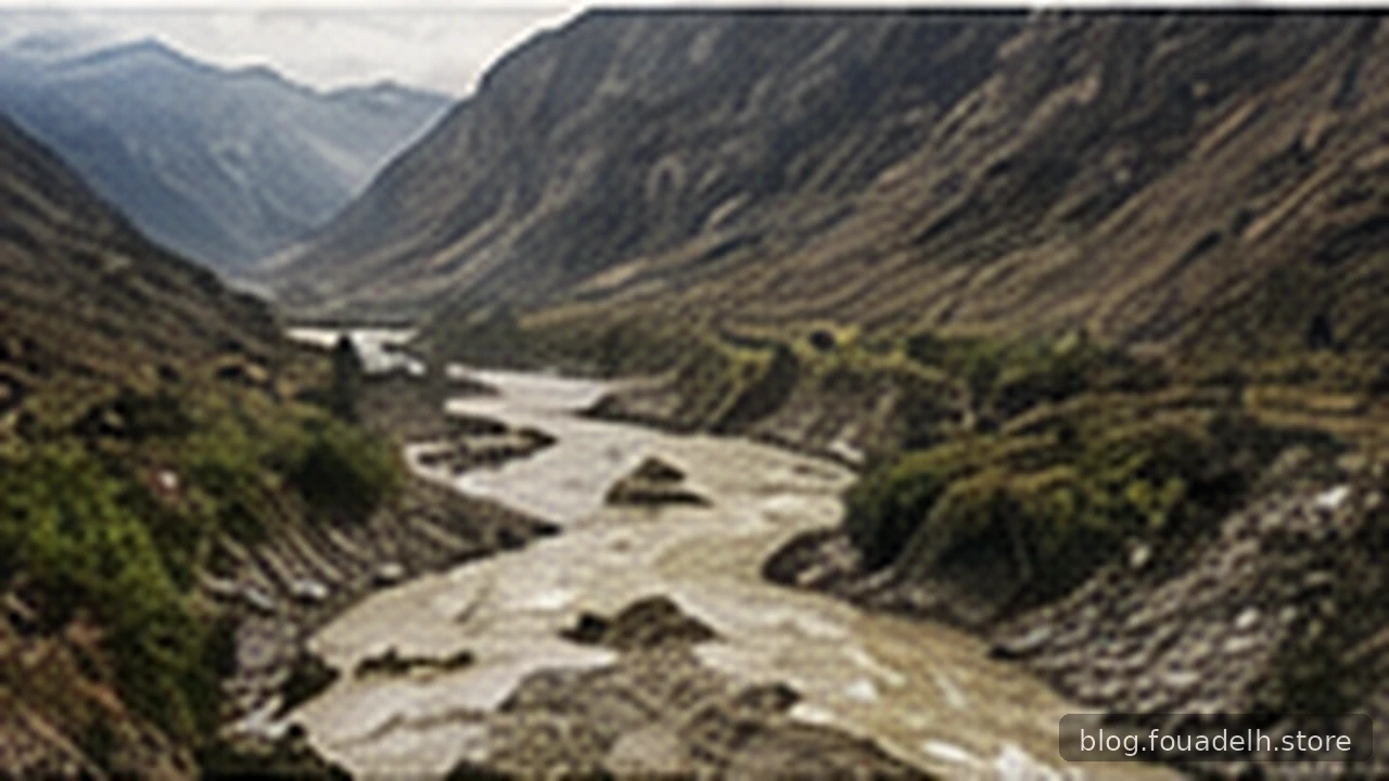 Original AI-generated editorial illustration of a high-mountain valley and debris path; illustrative, not documentary evidence.