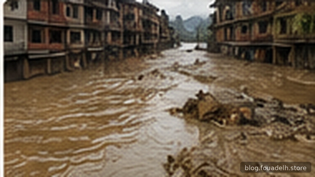 Original AI-generated editorial illustration of an inundated street and damaged buildings; illustrative, not documentary evidence.