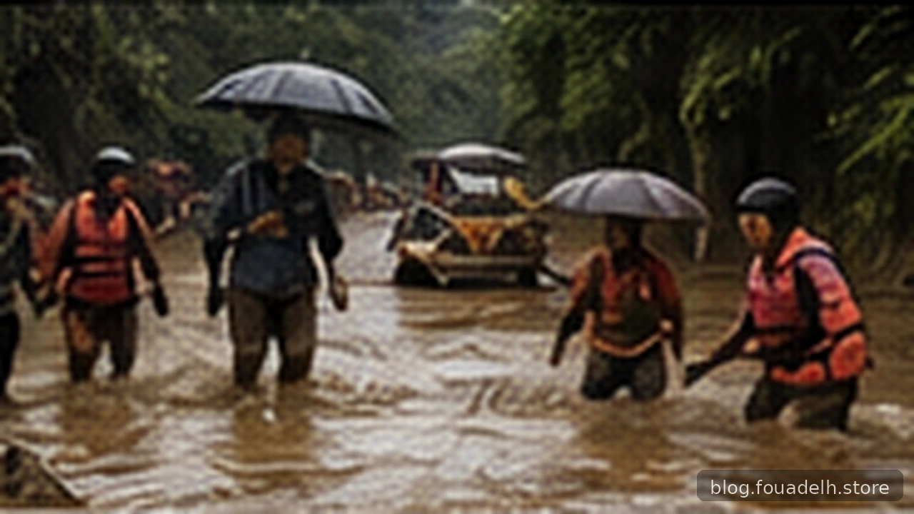 Original AI-generated editorial illustration of responders and residents moving through flood conditions; illustrative, not documentary evidence.