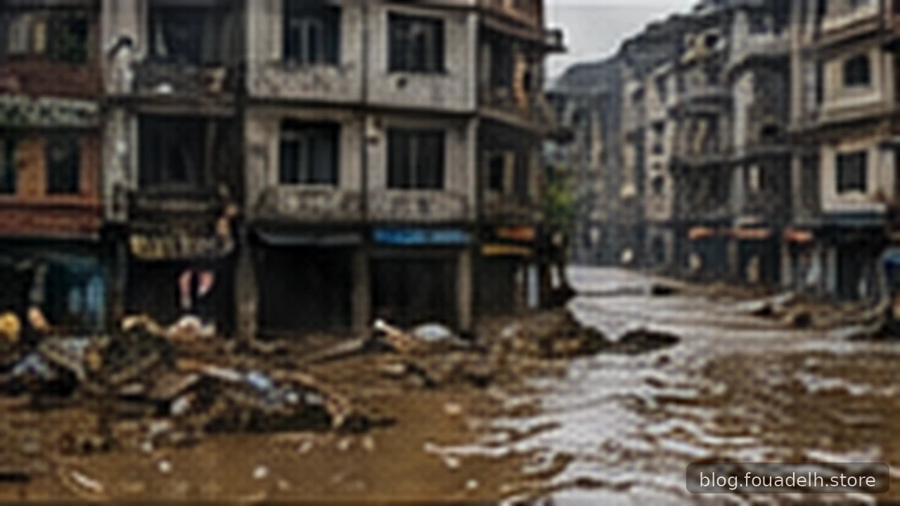 Original AI-generated editorial illustration of flood damage in a built-up settlement; illustrative, not documentary evidence.